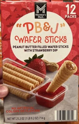 "PB&J" Wafer Sticks Peanut Butter Filled Wafer Sticks with Strawberry Dip — Photo: Open Food Facts contributors, CC BY-SA