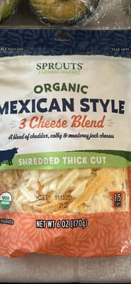 Organic Mexican Style 3 Cheese Blend Shredded Thick Cut — Photo: Open Food Facts contributors, CC BY-SA