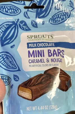 Milk Chocolate Mini Bars Caramel & Nougat — Photo: Open Food Facts contributors, CC BY-SA